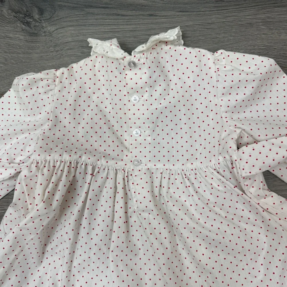 Vintage Polly Flinders Hand‑Smocked Heart Polka Dot Dress White/Red Kids Size 4